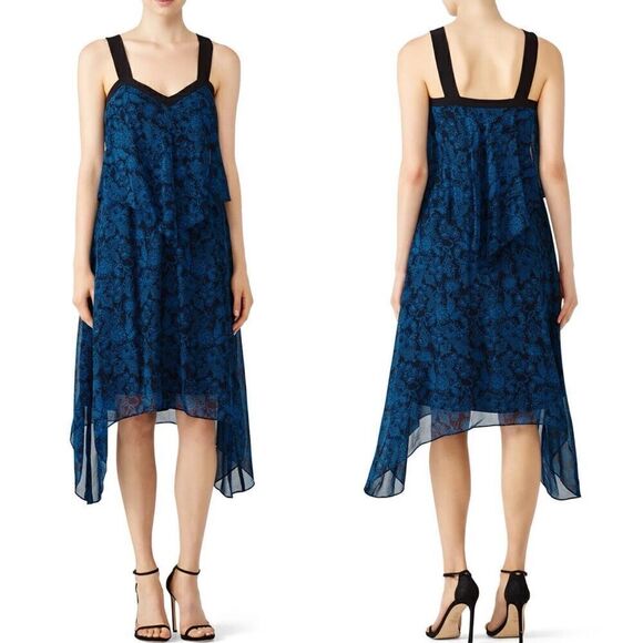 DEREK LAM 10 Crosby Dress Womens 6 Two Tier Cami Midi Silk Blue Midnight - Picture 1 of 14